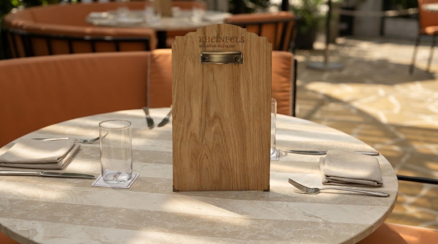 Menuboard aus heller Eiche auf einem Bistrotisch